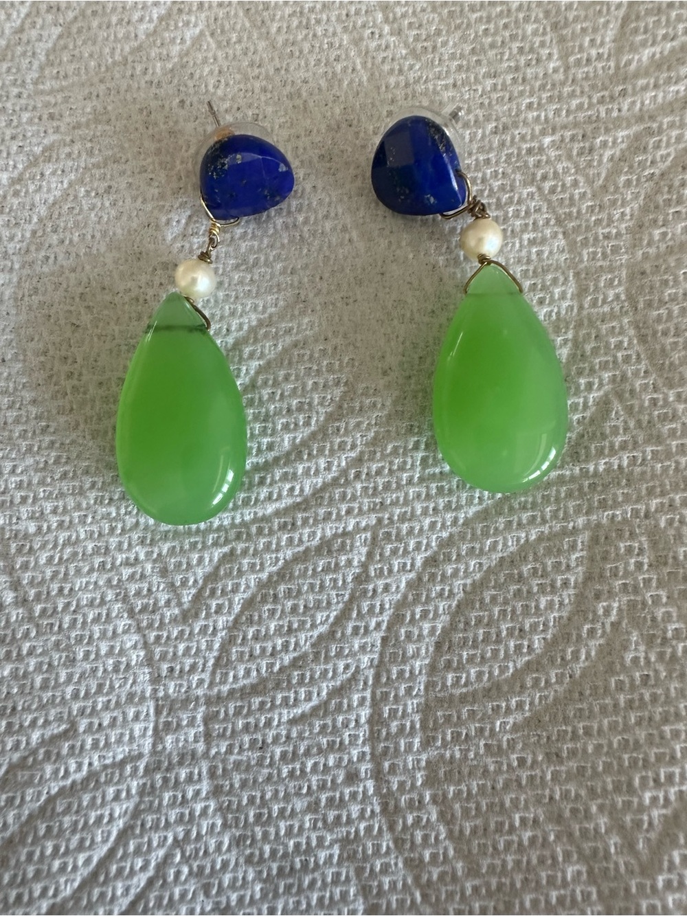 Green Teardrop Dangle Earrings with Blue Studs and Pearl Accent